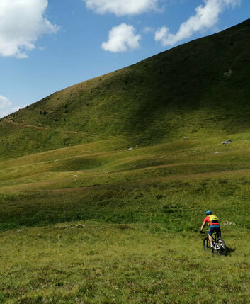 Mann fährt mit dem MTB in einer Wiese